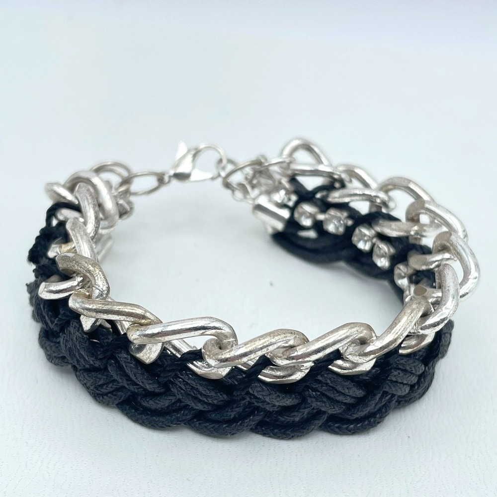 Vintage 90s Mixed Media lace Cord Silver Tone Rhinestone‎ Chain Bracelet Jewelry